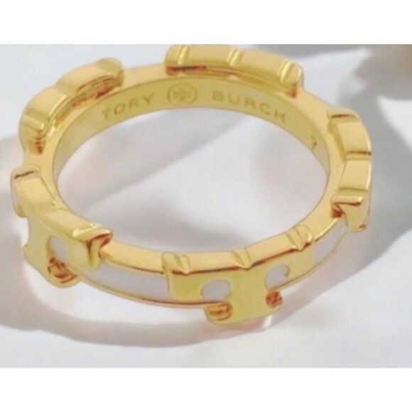 Tory Burch White and Gold Serif Stackable Ring = size 7 - Picture 2 of 2